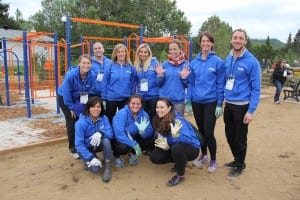 One of the teams shows some spirit fingers during the construction of the park.