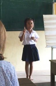 A future prime minister of Cambodia? A first grader leads one of the classes that Rob and Tammy visited. 