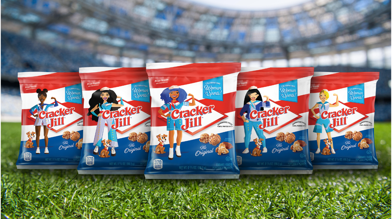 Five Cracker Jill snack packages on a baseball field.